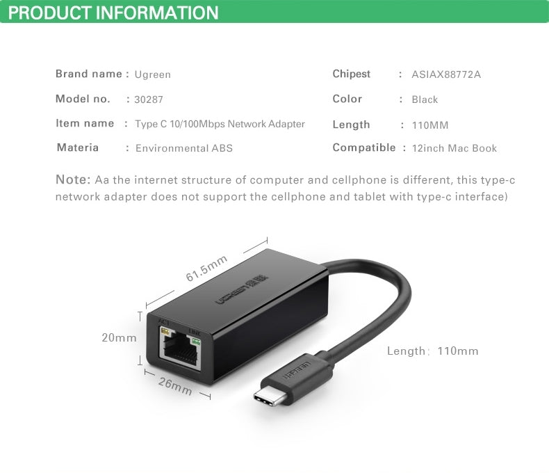 UGREEN 30287 USB-C 10/100Mbps Ethernet Adapter V28-ACBUGN30287