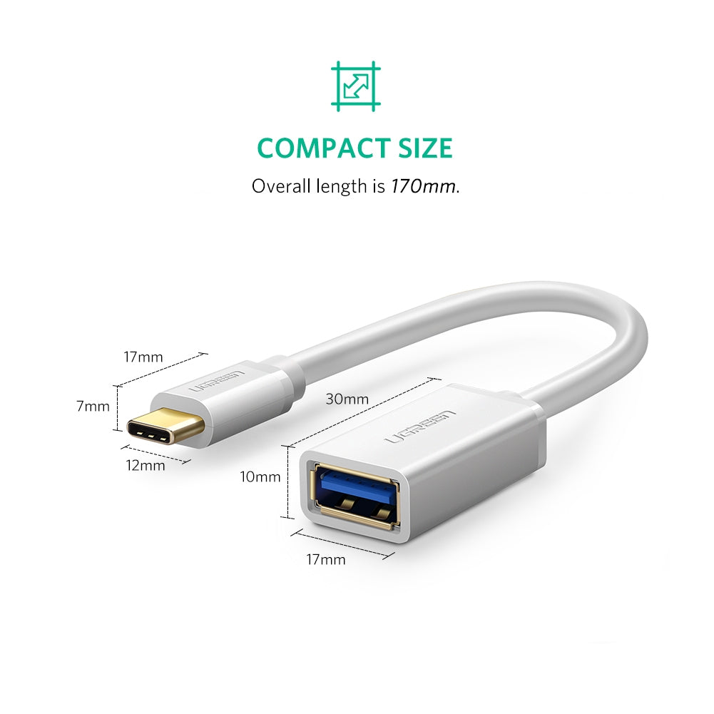 UGREEN USB Type-C Male to USB 3.0 Type A Female OTG Cable - White 15CM (30702) V28-ACBUGN30702