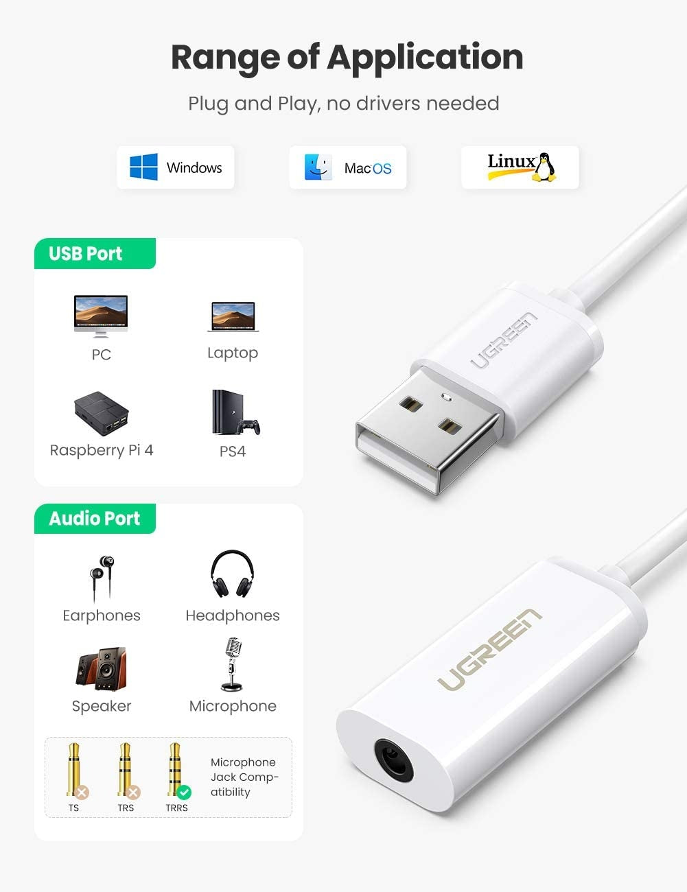 UGREEN USB A Male to 3.5 mm Aux Cable (White) V28-ACBUGN30712