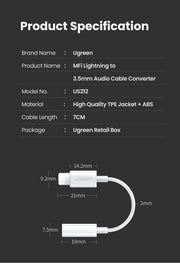 UGREEN 30759 iPhone 8-pin to 3.5mm Headphone Adapter V28-ACBUGN30759