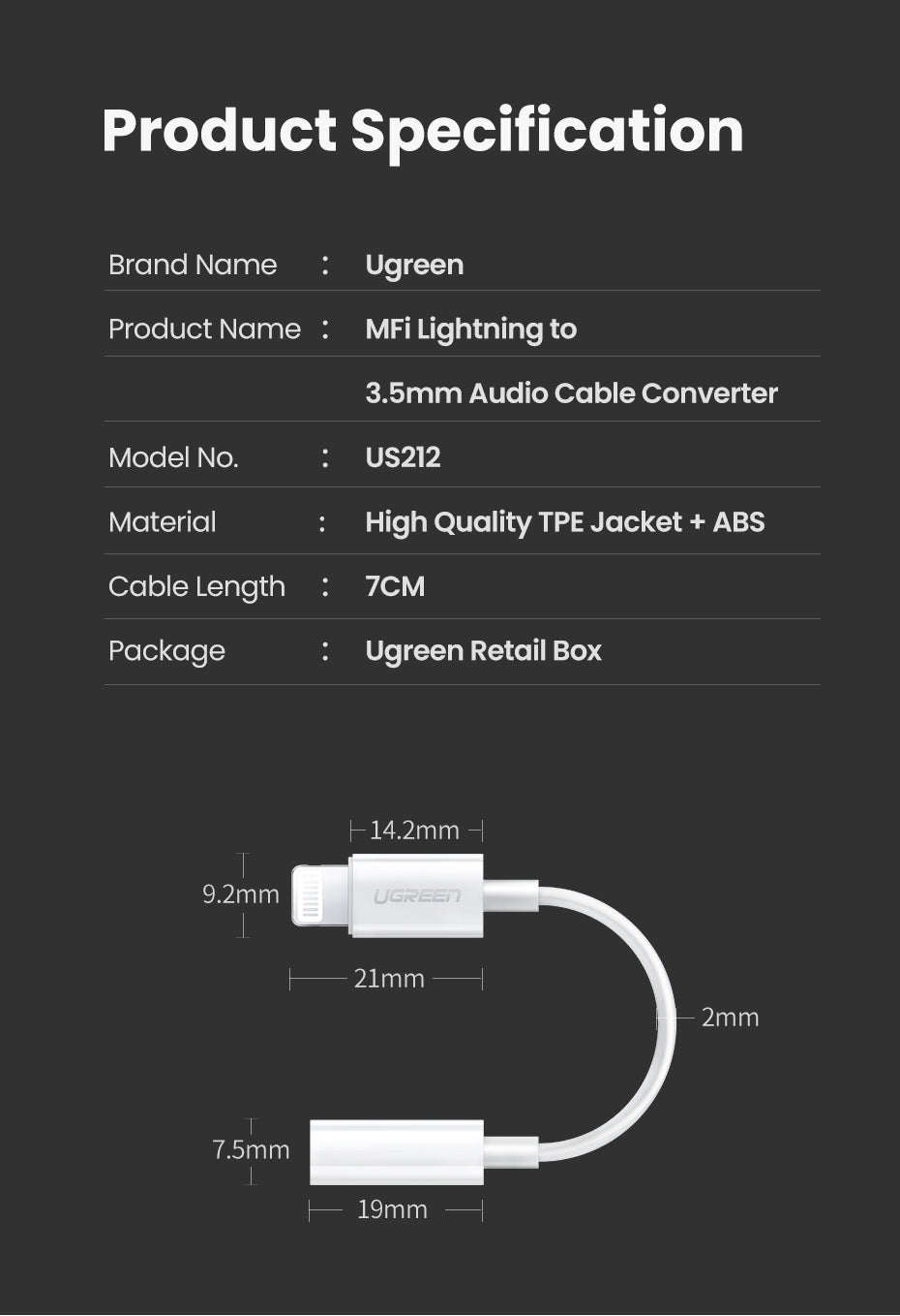 UGREEN 30759 iPhone 8-pin to 3.5mm Headphone Adapter V28-ACBUGN30759