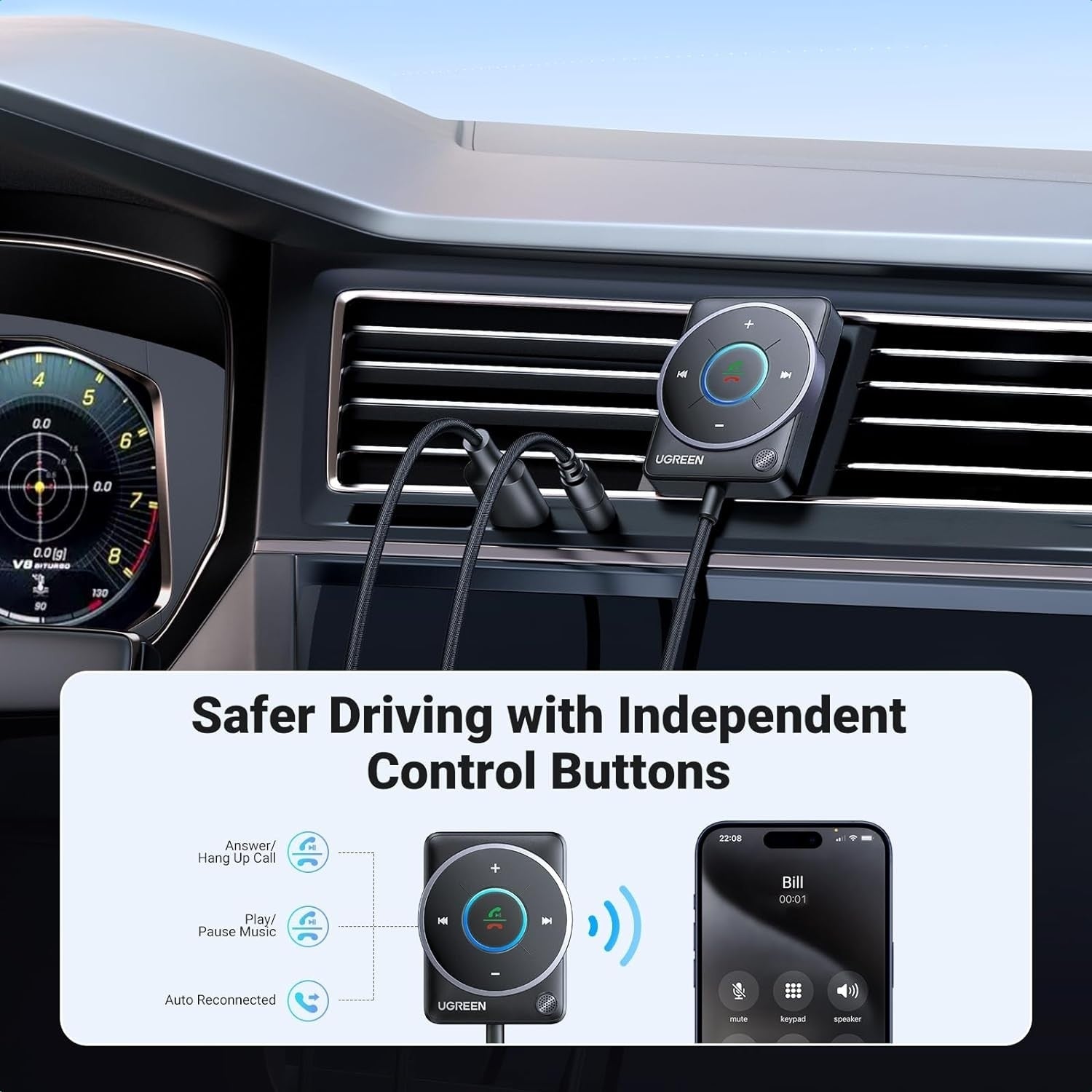 UGREEN 35002 Bluetooth 5.4 Aux Car Adapter (Enhanced Connection & Noise Cancellation) V28-ACBUGN35002