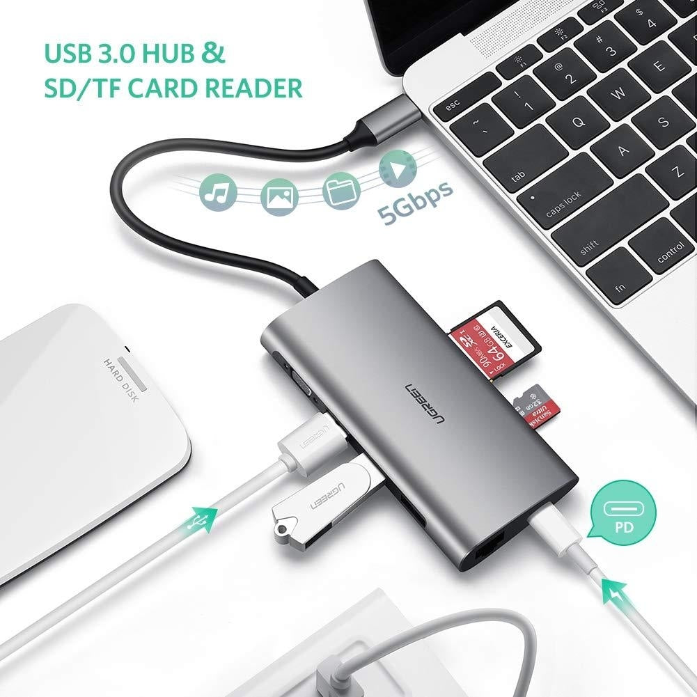 UGREEN Type C 8 in 1 Multifultion adaptor VGA/RJ45/USB3.0 x 3/SD/TF/TypeC PD Protocal (50539) V28-ACBUGN50539