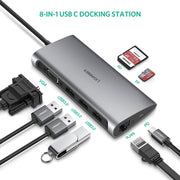 UGREEN Type C 8 in 1 Multifultion adaptor VGA/RJ45/USB3.0 x 3/SD/TF/TypeC PD Protocal (50539) V28-ACBUGN50539
