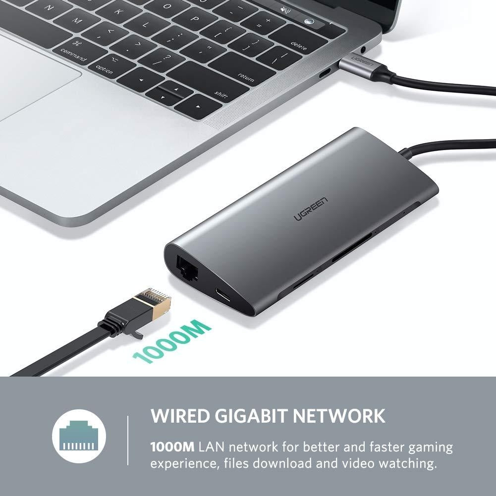 UGREEN Type C 8 in 1 Multifultion adaptor VGA/RJ45/USB3.0 x 3/SD/TF/TypeC PD Protocal (50539) V28-ACBUGN50539