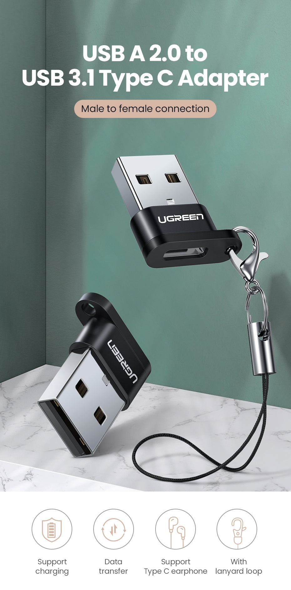 UGREEN 50568 USB-C 3.1 Female to USB-A 2.0 Male Adapter V28-ACBUGN50568