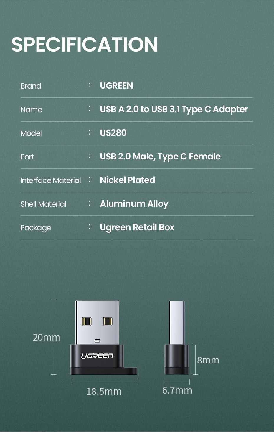 UGREEN 50568 USB-C 3.1 Female to USB-A 2.0 Male Adapter V28-ACBUGN50568