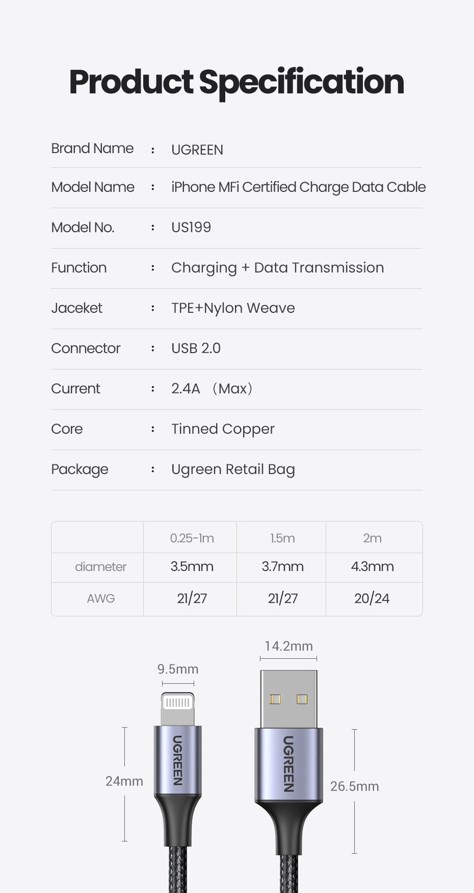 UGREEN 60158 USB-A to 8-pin iPhone Charging Cable 2M Black V28-ACBUGN60158