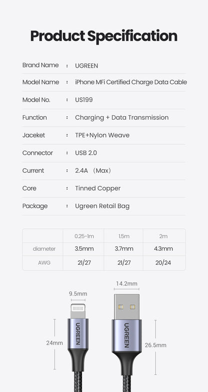 UGREEN 60158 USB-A to 8-pin iPhone Charging Cable 2M Black V28-ACBUGN60158