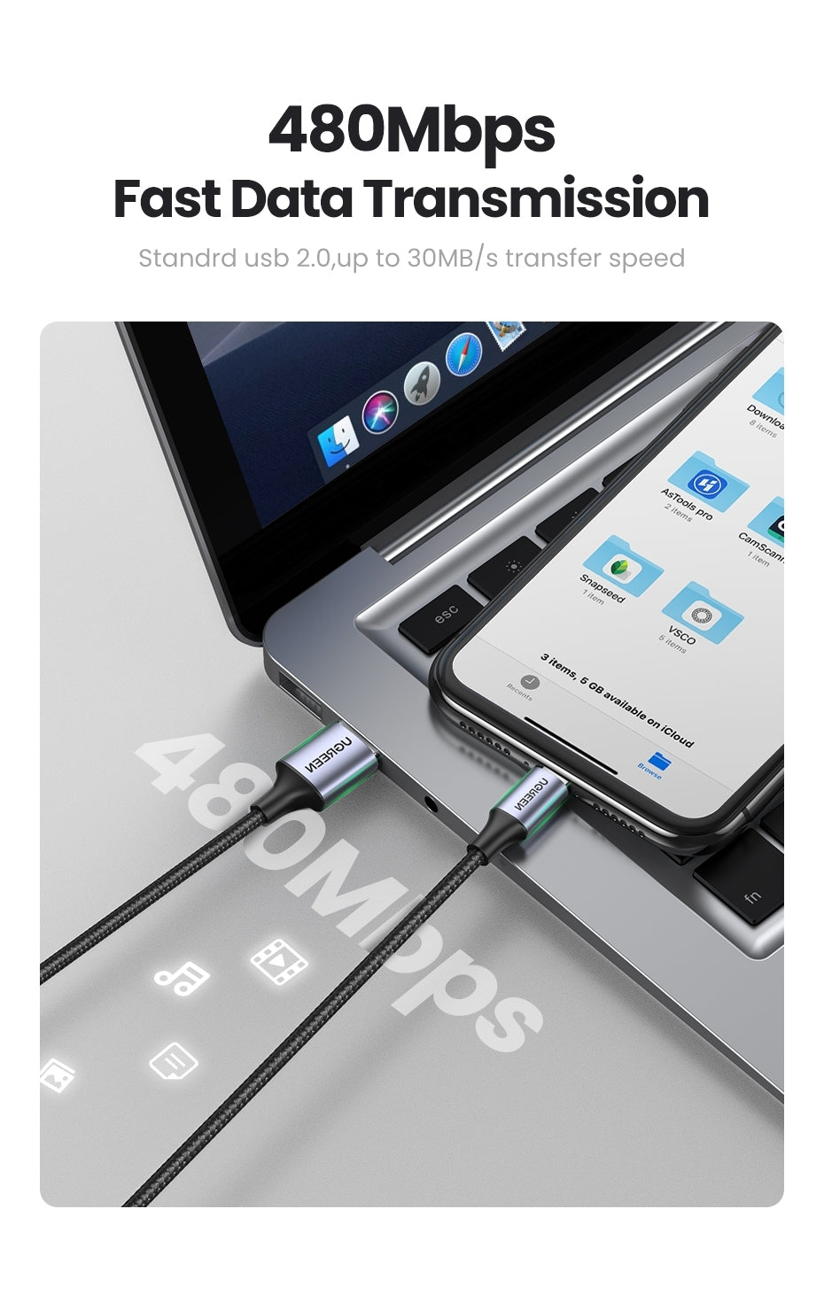 UGREEN 60163 USB-A to 8-pin iPhone Charging Cable 2M Silver V28-ACBUGN60163