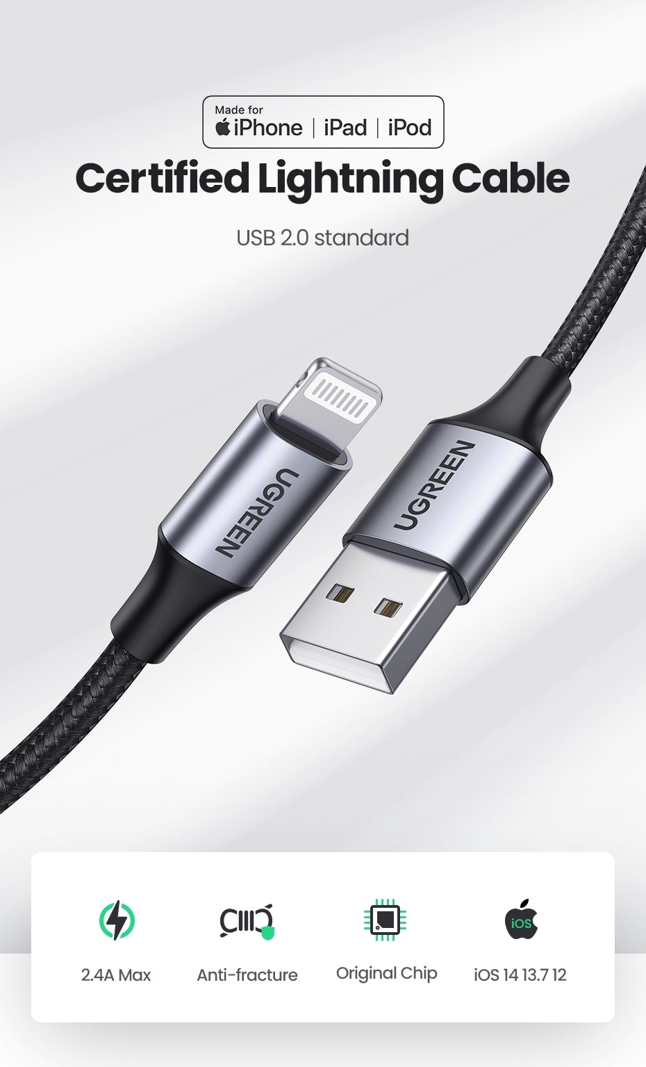 UGREEN 60163 USB-A to 8-pin iPhone Charging Cable 2M Silver V28-ACBUGN60163