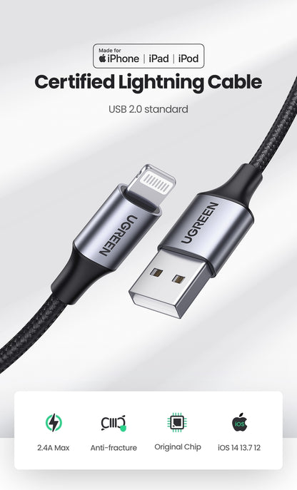 UGREEN 60163 USB-A to 8-pin iPhone Charging Cable 2M Silver V28-ACBUGN60163
