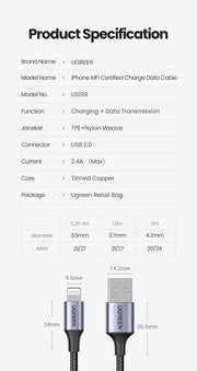 UGREEN 60163 USB-A to 8-pin iPhone Charging Cable 2M Silver V28-ACBUGN60163