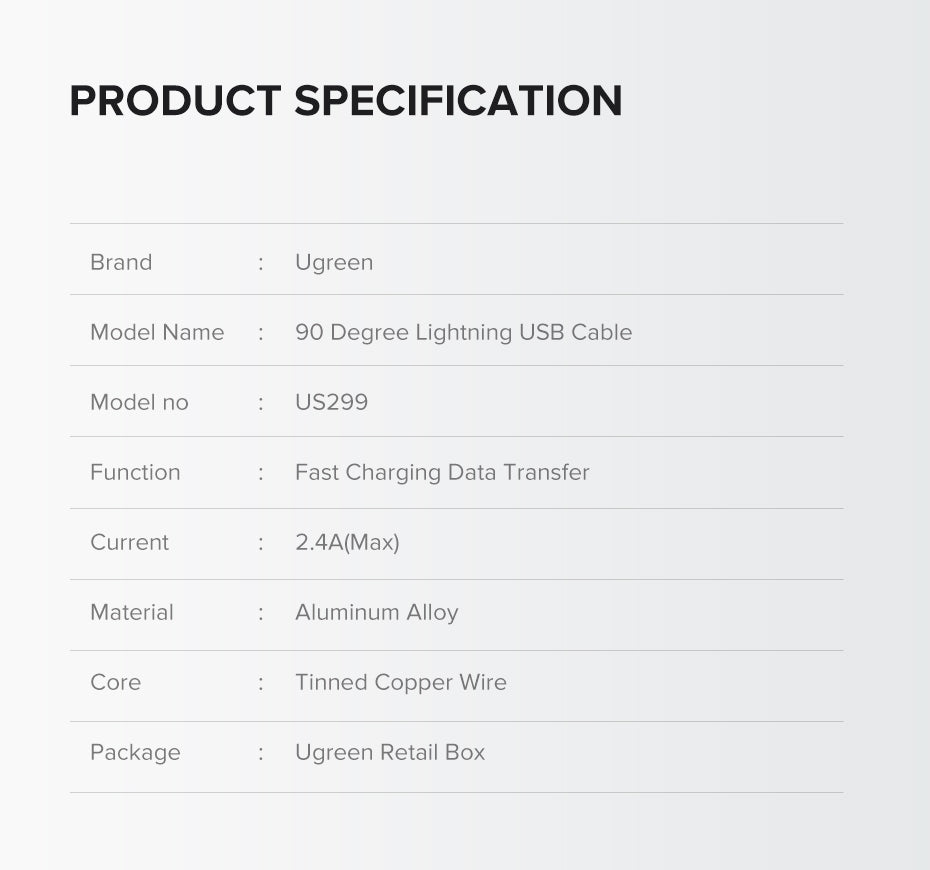 UGREEN 60521 USB-A to 8-pin 90 Degree Angel Cable 1M V28-ACBUGN60521