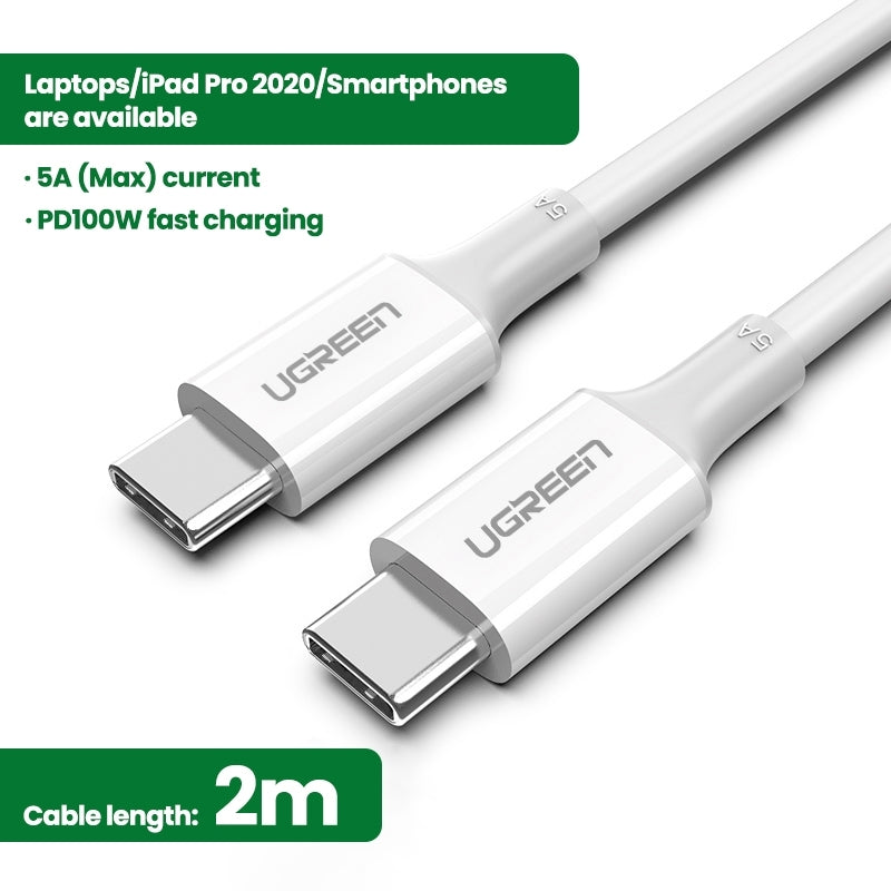 UGREEN 60552 USB-C 2.0 to TYPE-C Male to Male Data Cable 5A 2M White V28-ACBUGN60552