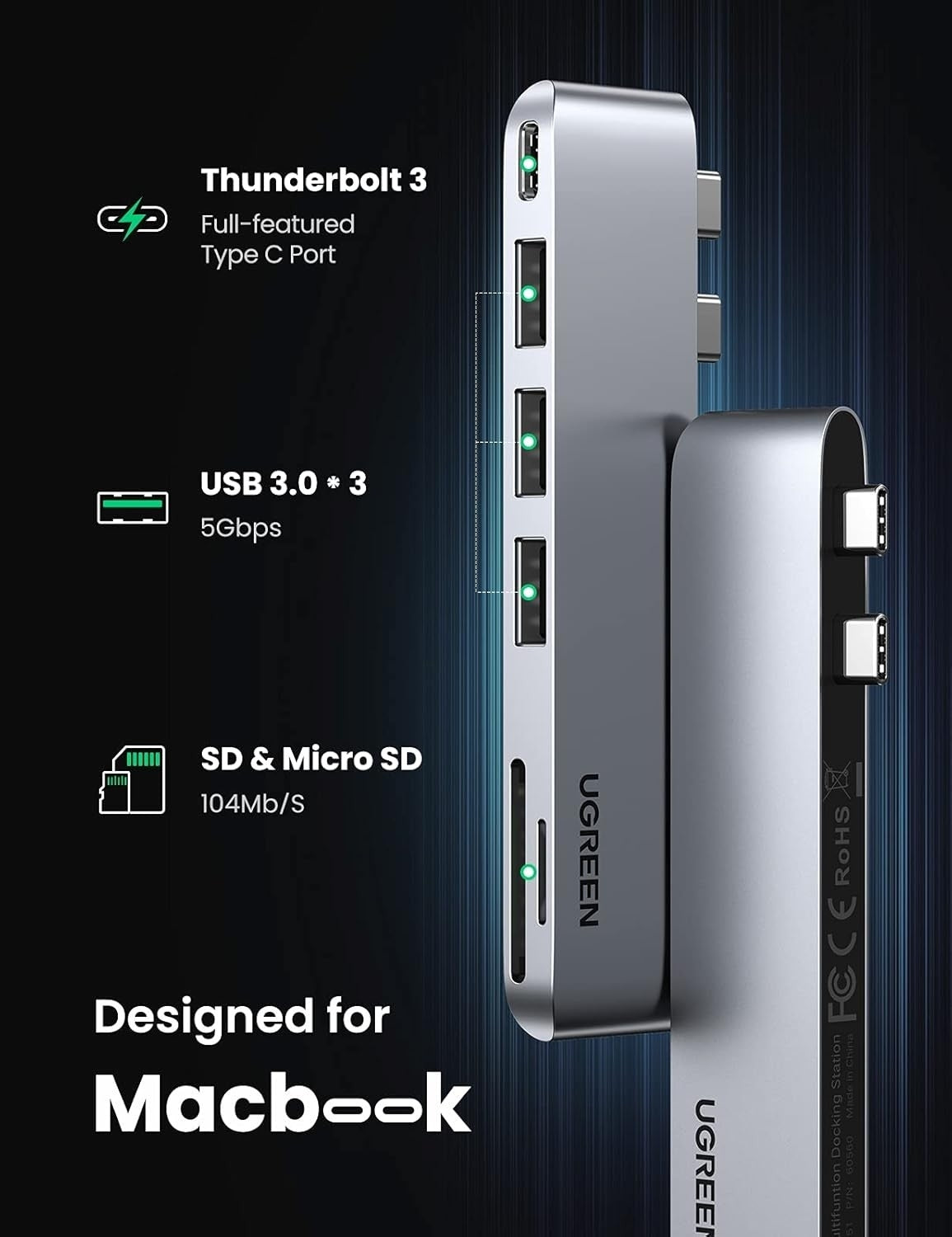 UGREEN 60560 USB-C Hub for MacBook Aluminum Type-C Adapter with 3 USB 3.0 100W V28-ACBUGN60560