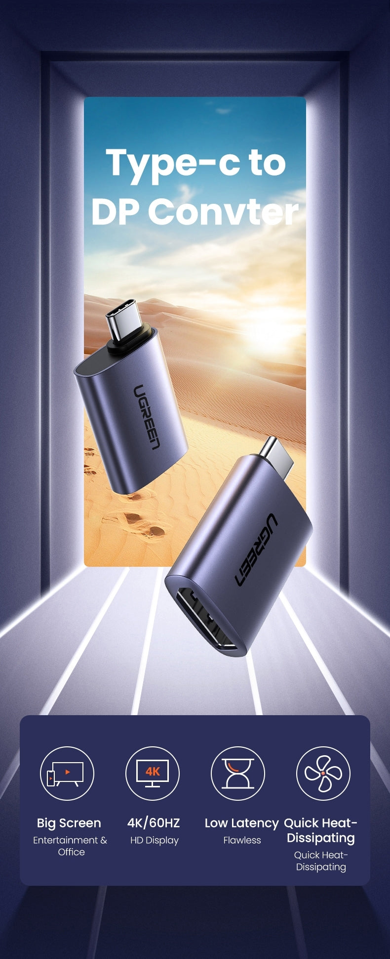UGREEN 70451 USB-C Male to DP Female Adapter Aluminium Case 4K/2K 60Hz (Dark Gray) V28-ACBUGN70451