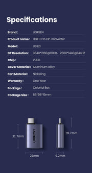 UGREEN 70451 USB-C Male to DP Female Adapter Aluminium Case 4K/2K 60Hz (Dark Gray) V28-ACBUGN70451