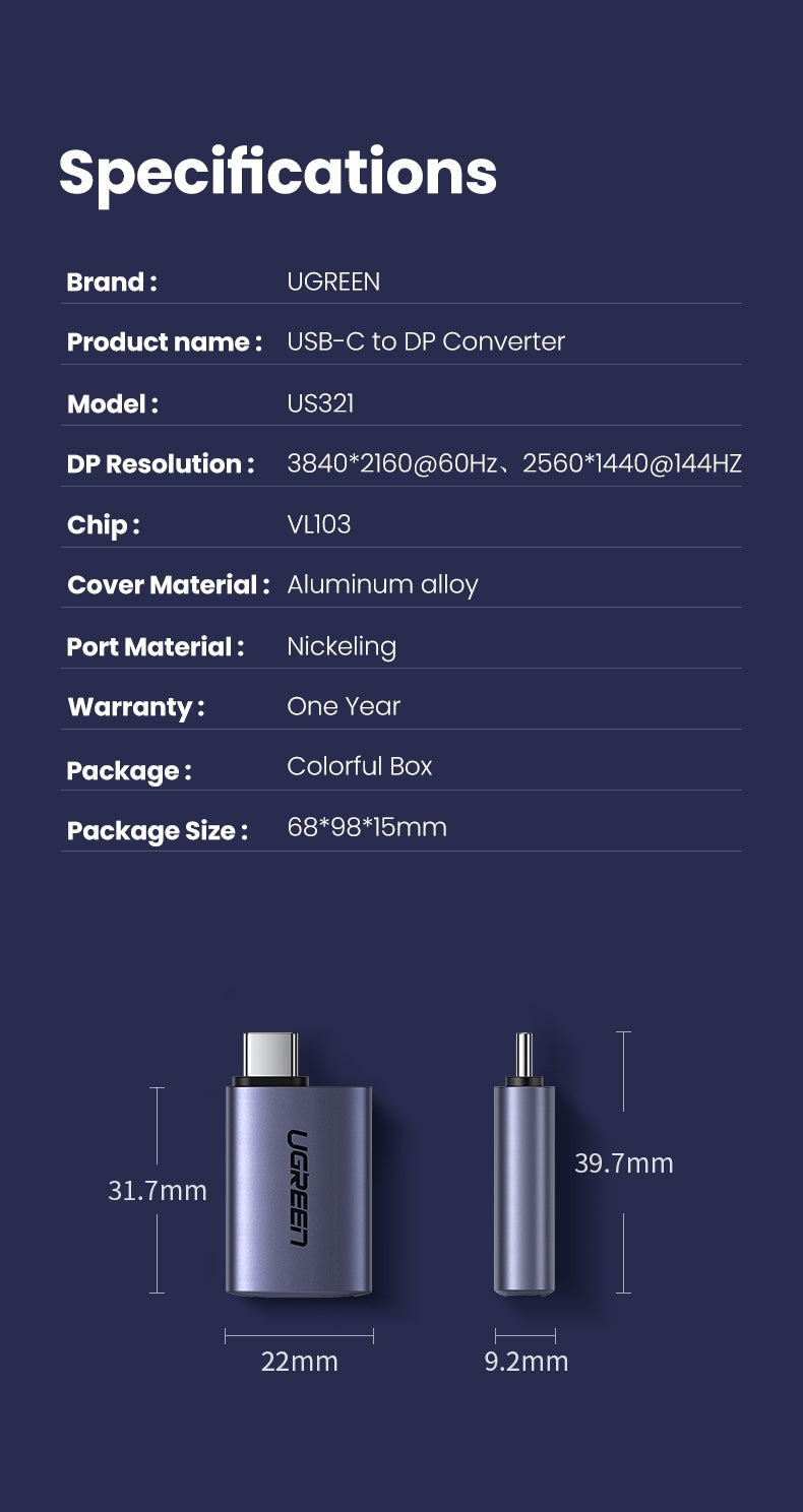 UGREEN 70451 USB-C Male to DP Female Adapter Aluminium Case 4K/2K 60Hz (Dark Gray) V28-ACBUGN70451