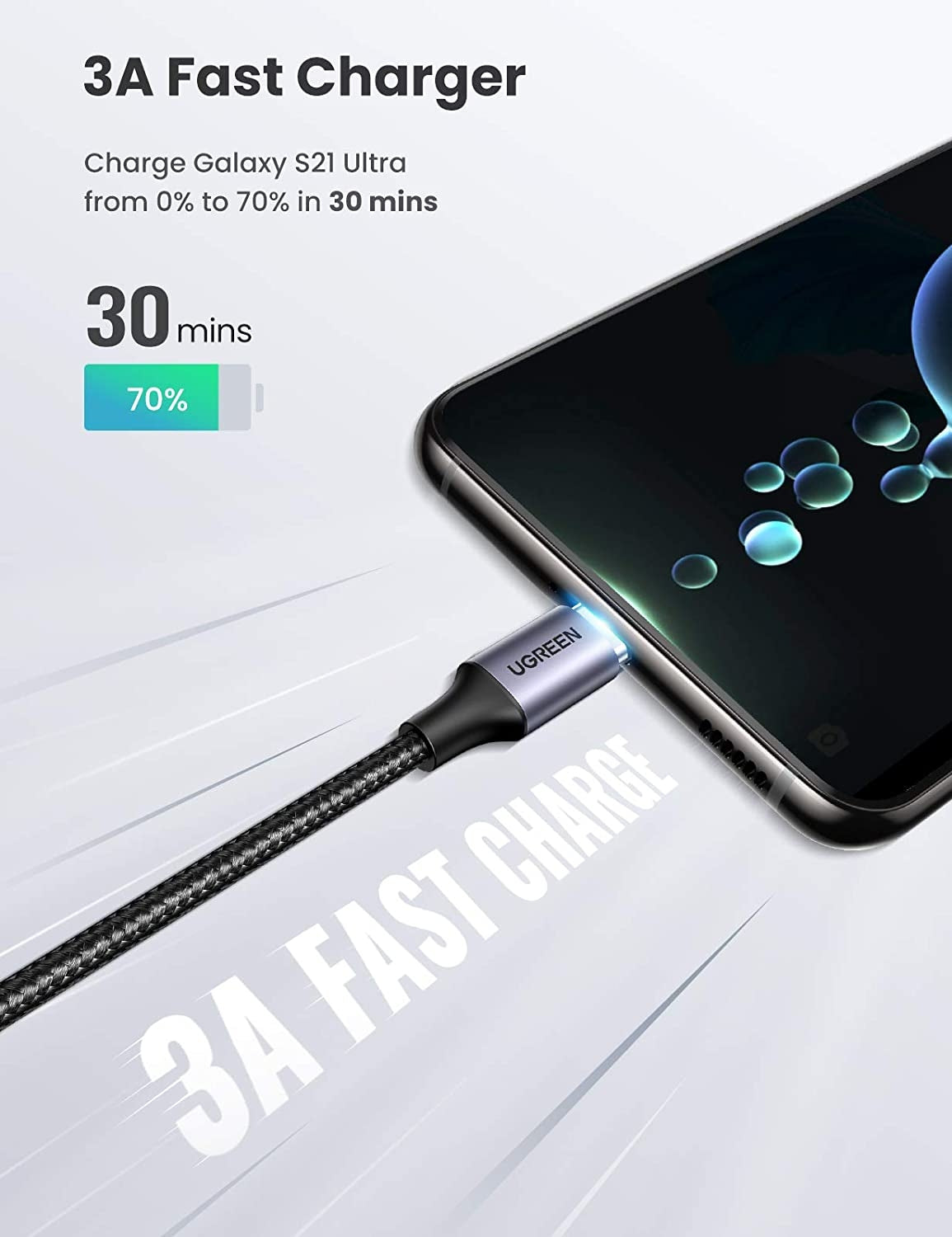UGREEN 80714 USB-C 2.0 to Angle USB-C Cable Black 3M V28-ACBUGN80714