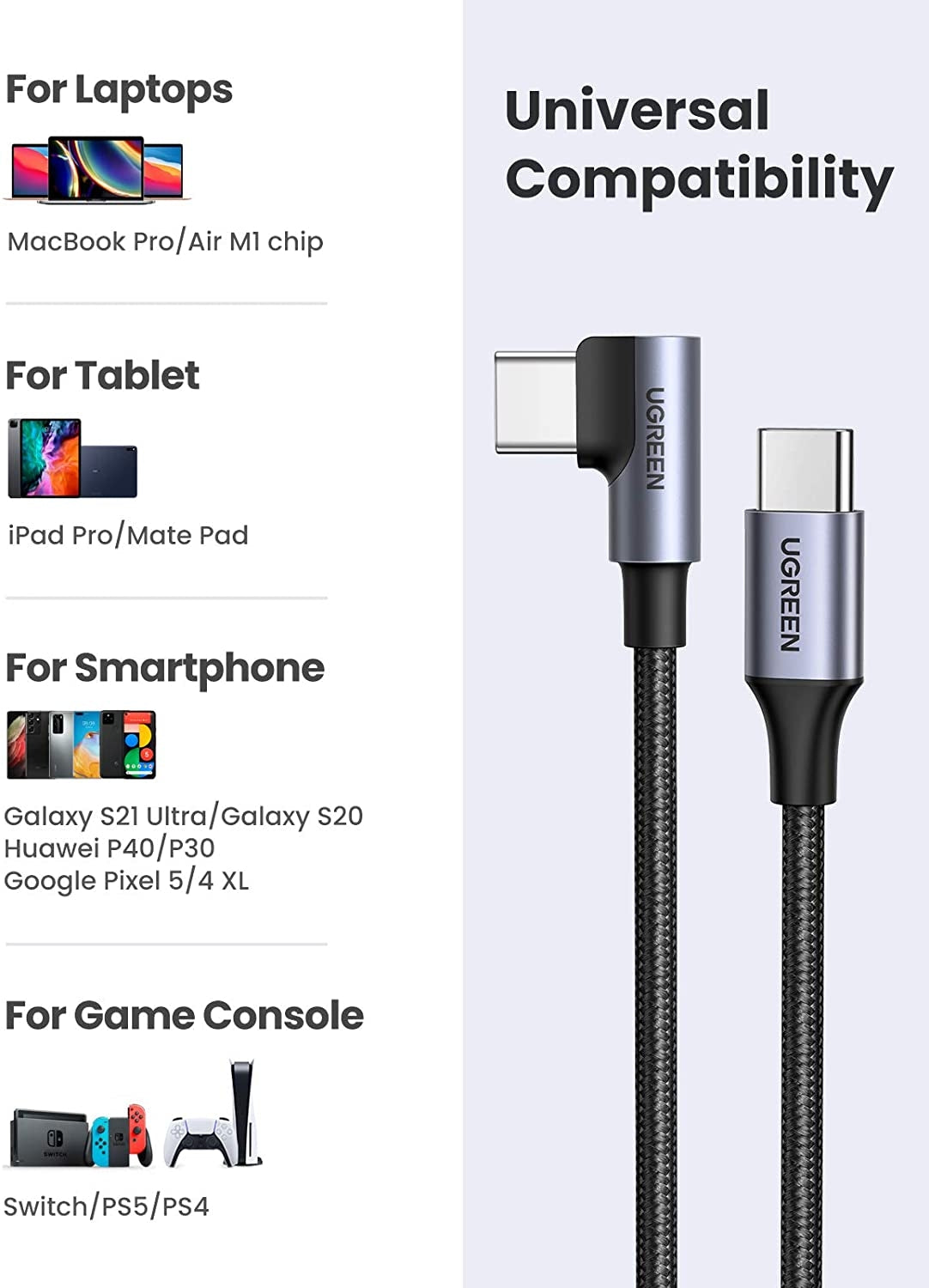 UGREEN 80714 USB-C 2.0 to Angle USB-C Cable Black 3M V28-ACBUGN80714