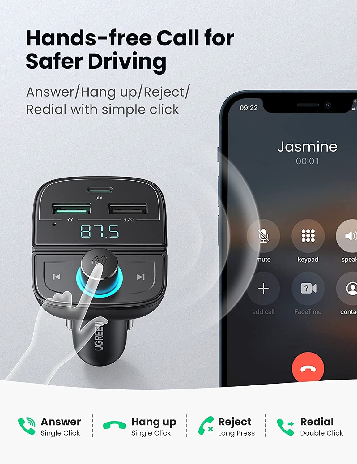 UGREEN 80910 Car Bluetooth 5.0 FM Transmitter V28-ACBUGN80910