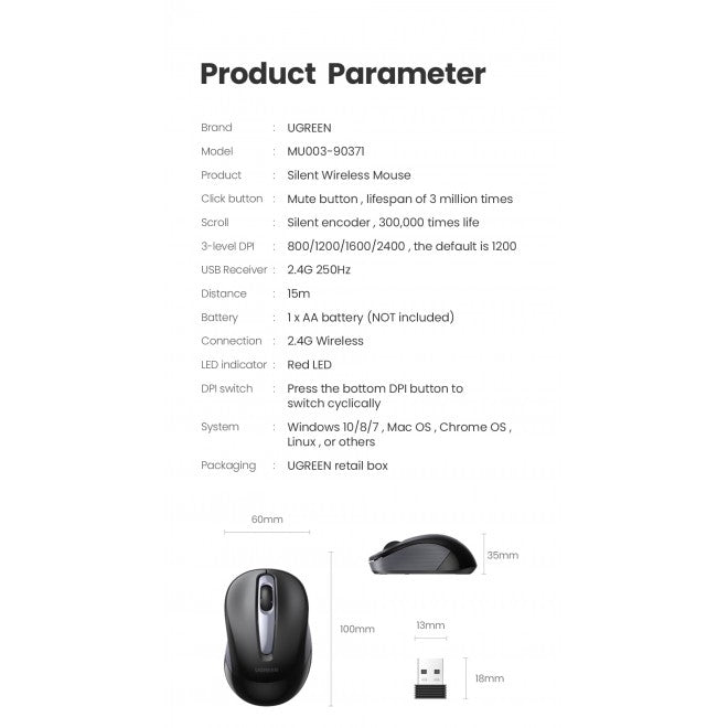 UGREEN 90371 Mini Portable Wireless Mouse V28-ACBUGN90371