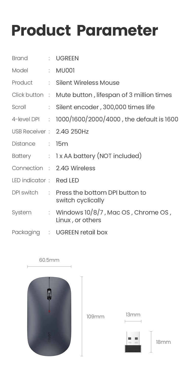 UGREEN 90373 Slim 2.4G Wireless Mouse V28-ACBUGN90373