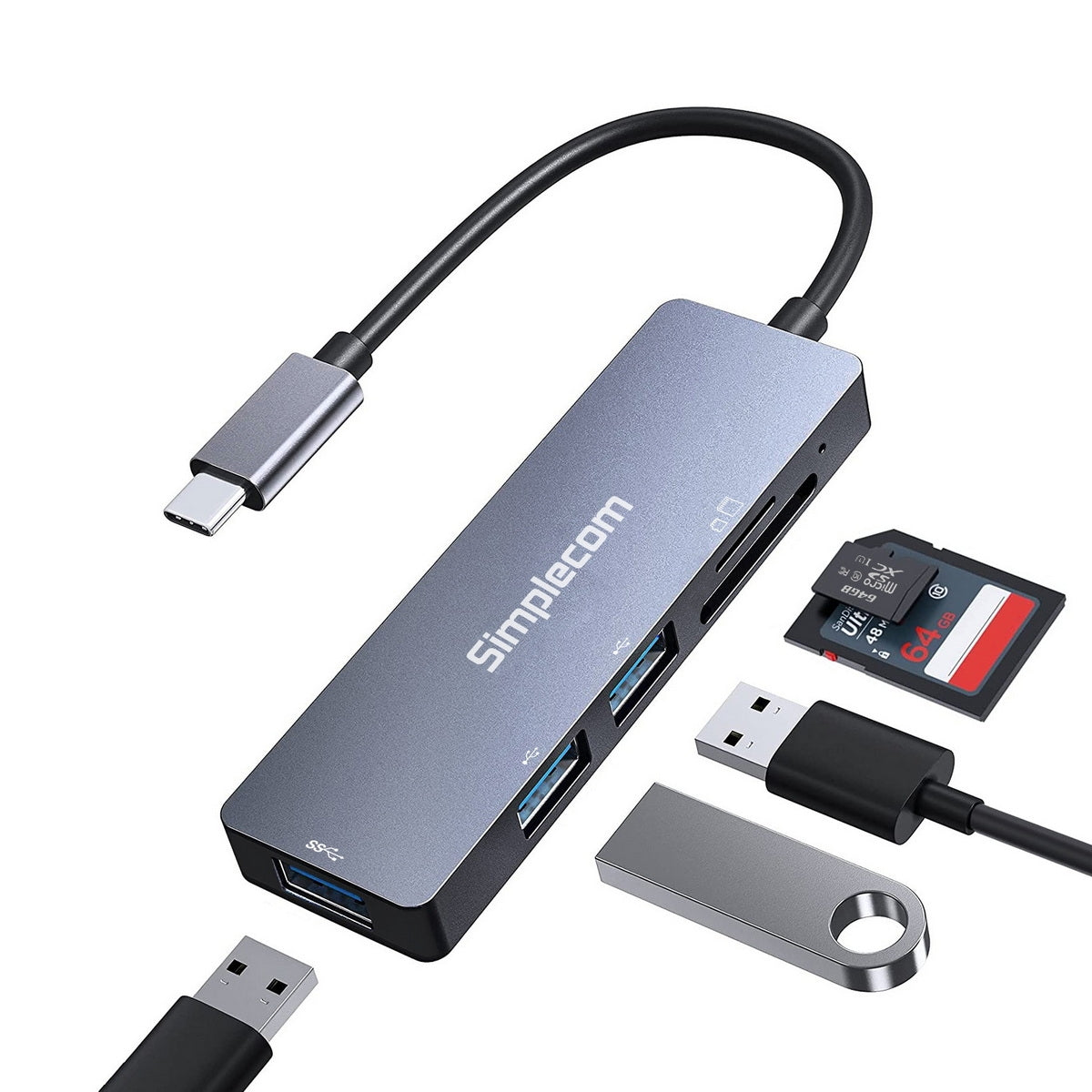 Simplecom CH255 USB-C 5-in-1 Multiport Adapter 3-Port USB-A Hub with SD MicroSD Card Reader V28-CH255