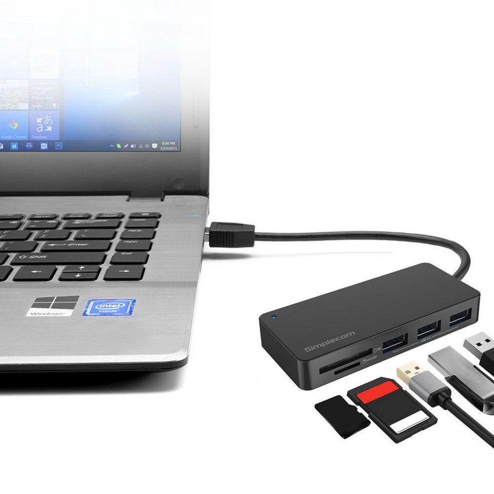Simplecom CH368 3 Port USB 3.0 Hub with Dual Slot SD MicroSD Card Reader V28-CH368