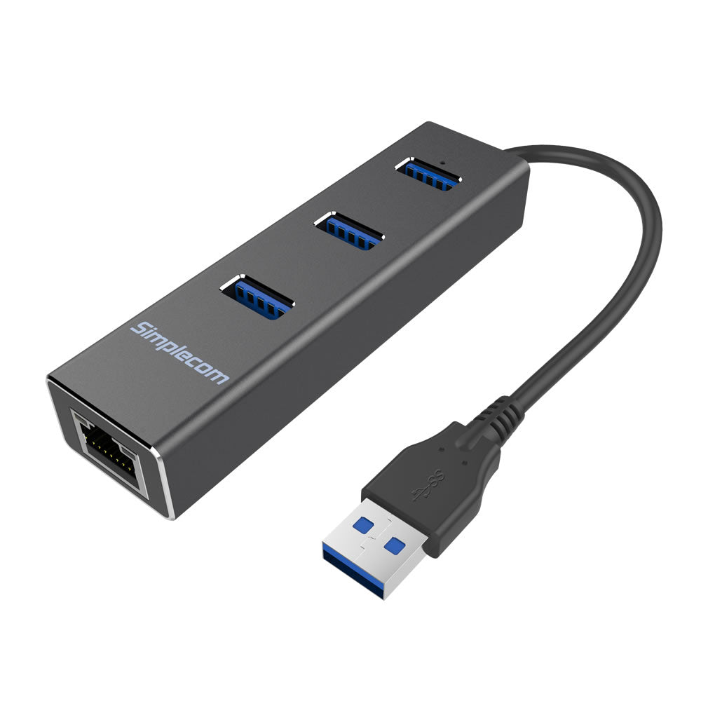 Simplecom CHN410 Aluminium 3 Port USB 3.0 HUB with Gigabit Ethernet Adapter 1000Mbps Black V28-CHN410-BK