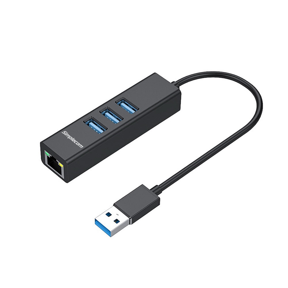 Simplecom CHN420 Aluminium 3 Port SuperSpeed USB HUB with Gigabit Ethernet Adapter Black V28-CHN420-BK