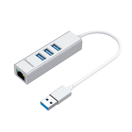 Simplecom CHN420 Aluminium 3 Port SuperSpeed USB HUB with Gigabit Ethernet Adapter Silver V28-CHN420-SL
