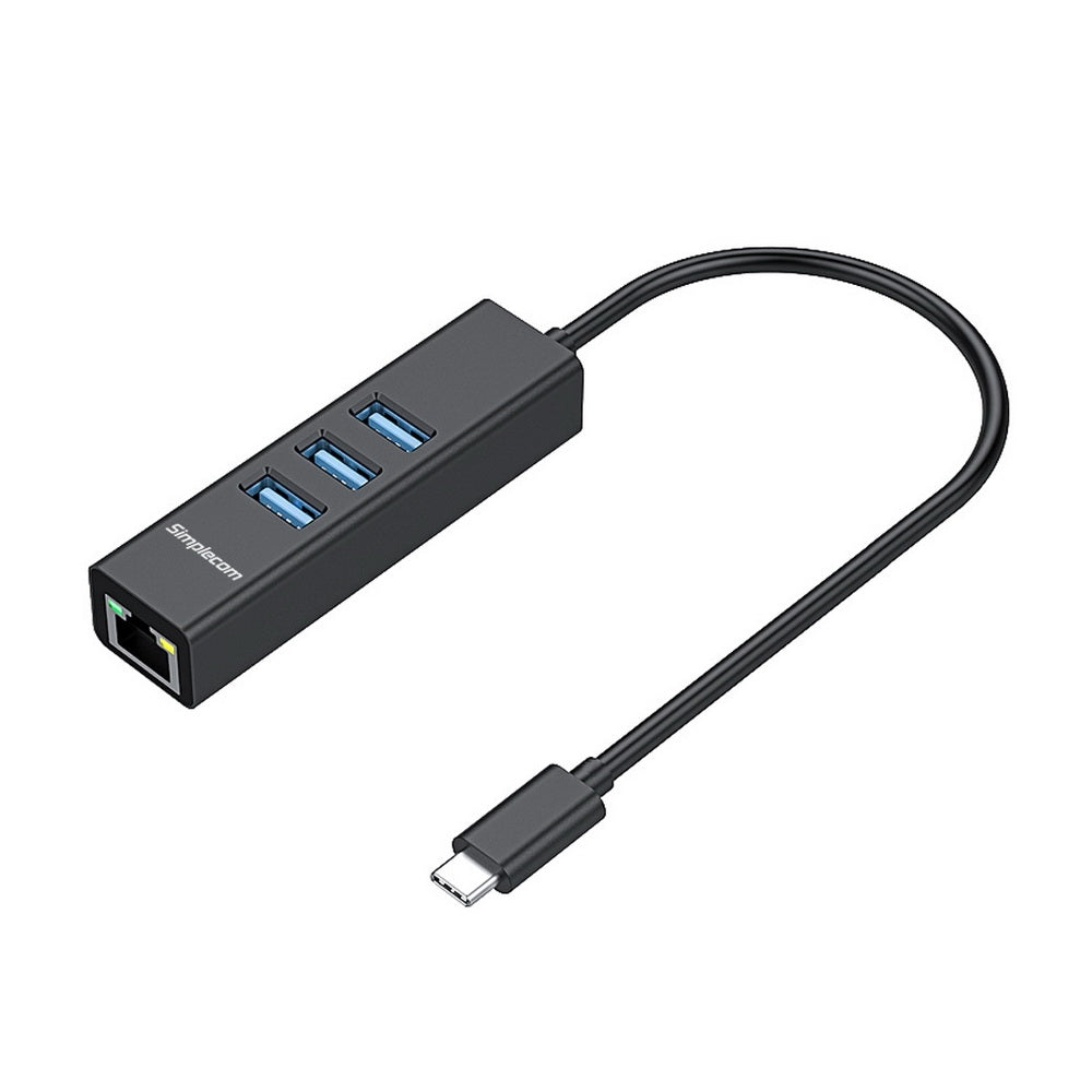Simplecom CHN421 Aluminium USB-C to 3 Port USB HUB with Gigabit Ethernet Adapter Black V28-CHN421-BK