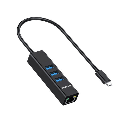 Simplecom CHN421 Aluminium USB-C to 3 Port USB HUB with Gigabit Ethernet Adapter Black V28-CHN421-BK