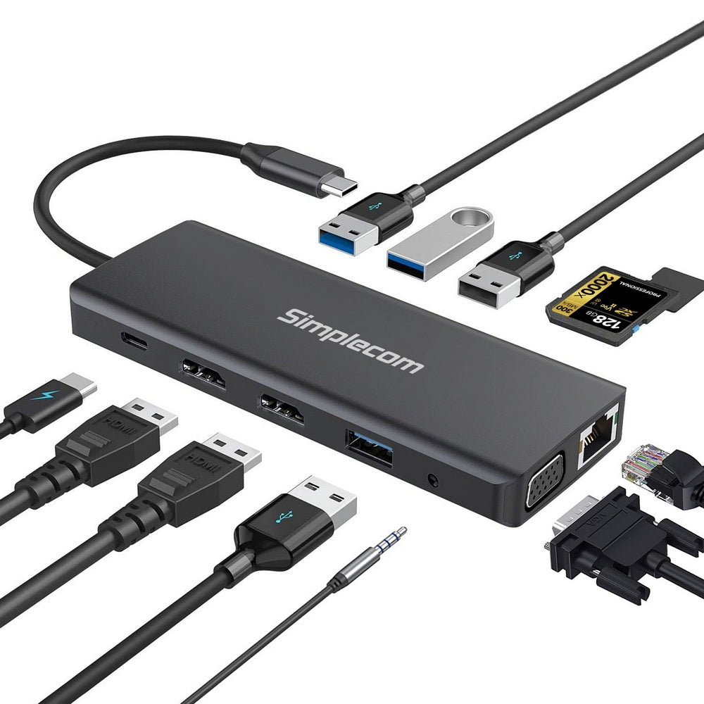 Simplecom CHN612 USB-C 12-in-1 Multiport Docking Station Dual HDMI + VGA Triple Display Gigabit LAN V28-CHN612