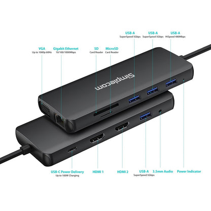 Simplecom CHN612 USB-C 12-in-1 Multiport Docking Station Dual HDMI + VGA Triple Display Gigabit LAN V28-CHN612