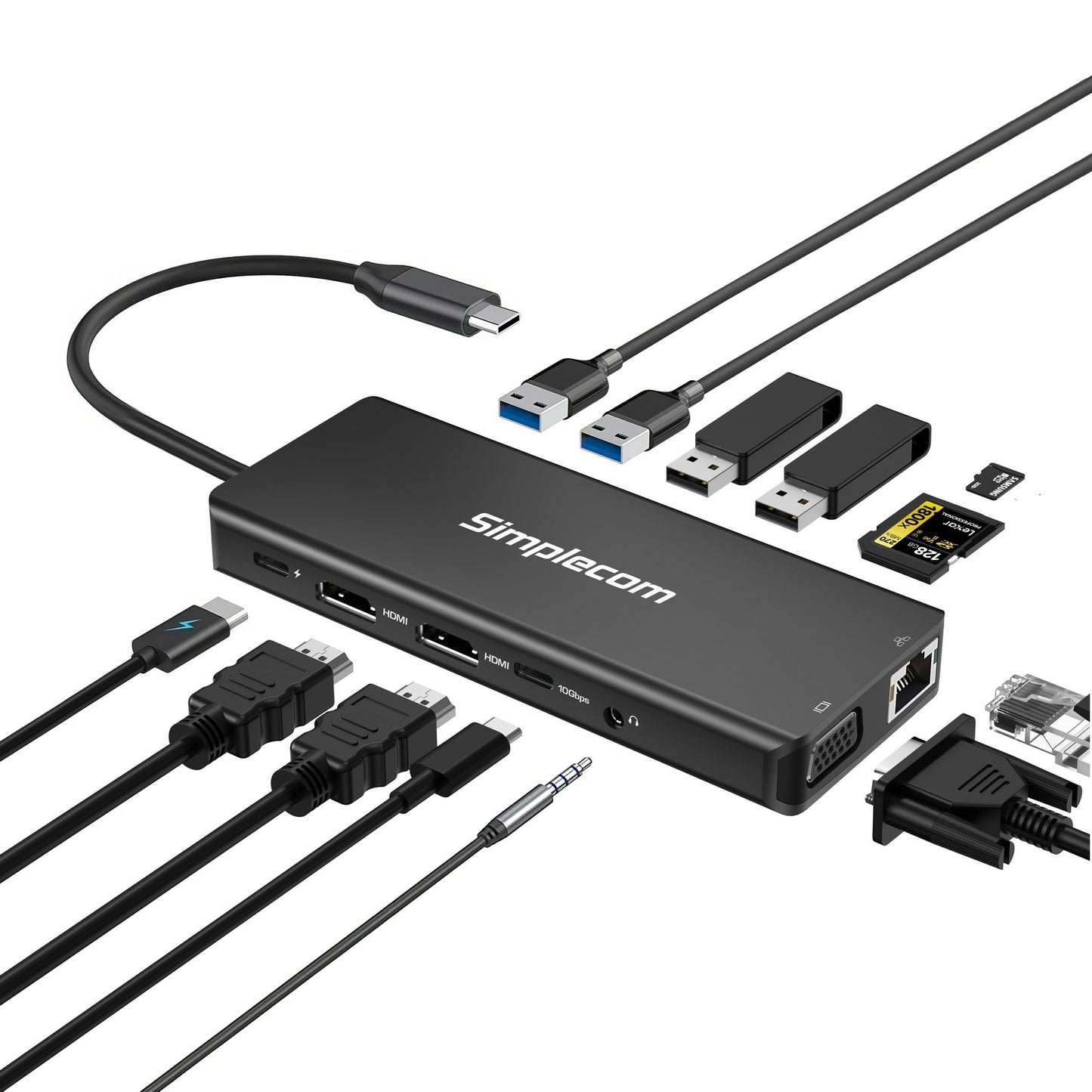 Simplecom CHN613 USB-C 13-in-1 Multiport Docking Station Dual HDMI + VGA Triple Display USB 3.2 Gen 2 10Gbps V28-CHN613