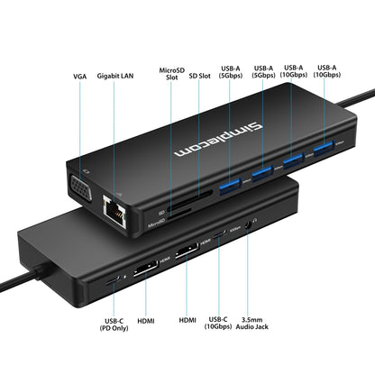 Simplecom CHN613 USB-C 13-in-1 Multiport Docking Station Dual HDMI + VGA Triple Display USB 3.2 Gen 2 10Gbps V28-CHN613