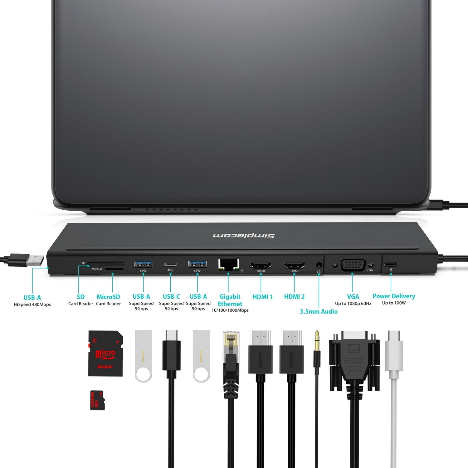 Simplecom CHN622 USB-C 12-in-1 Multiport Docking Station Laptop Stand Dual HDMI + VGA Triple Display Gigabit V28-CHN622