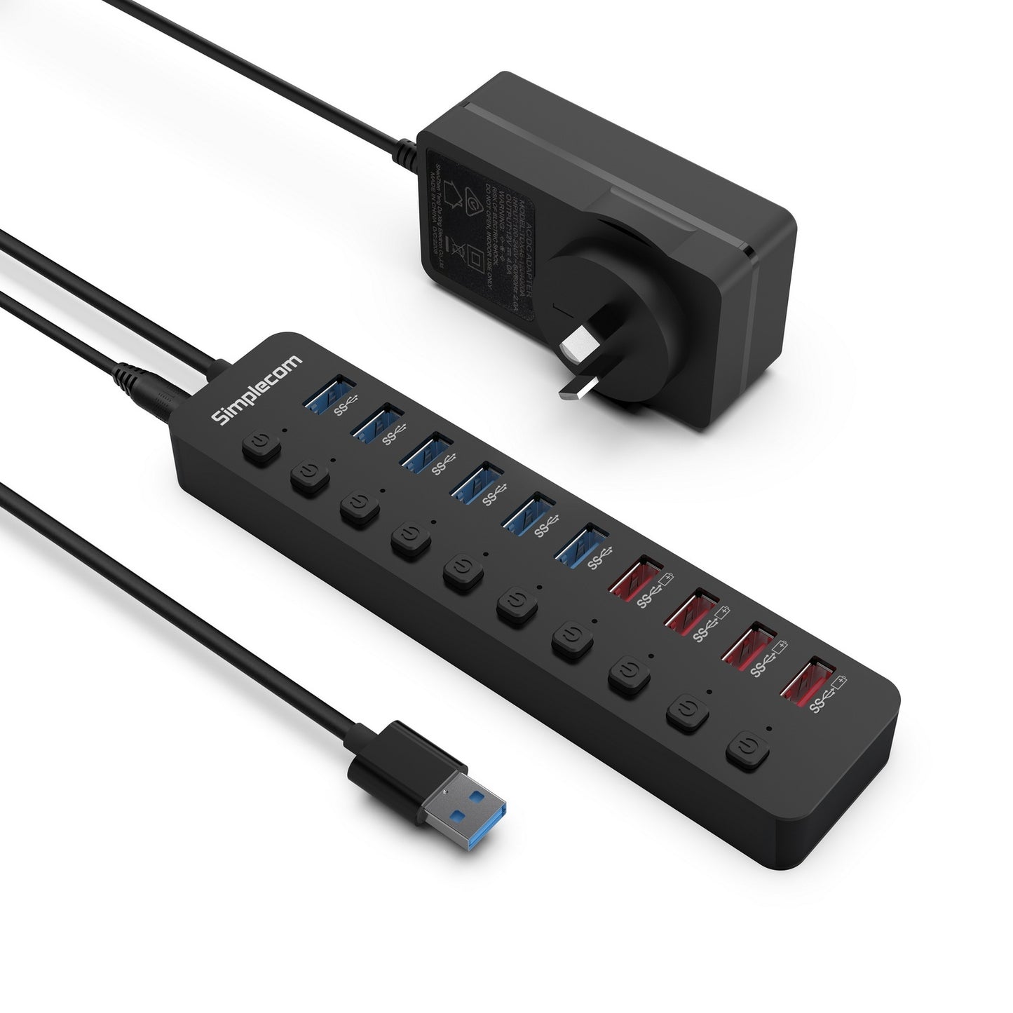 Simplecom CHU810 48W 10-Port USB 3.0 Hub and Charger with Individual Switches 12V/4A Power Adapter BC1.2 Fast V28-CHU810