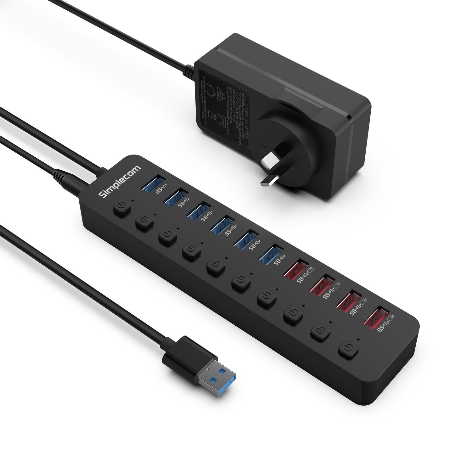 Simplecom CHU810 48W 10-Port USB 3.0 Hub and Charger with Individual Switches 12V/4A Power Adapter BC1.2 Fast V28-CHU810