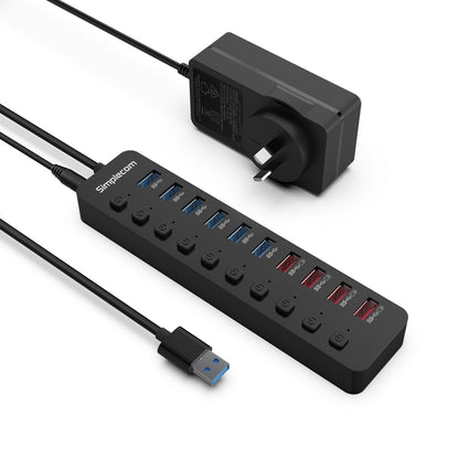 Simplecom CHU810 48W 10-Port USB 3.0 Hub and Charger with Individual Switches 12V/4A Power Adapter BC1.2 Fast V28-CHU810