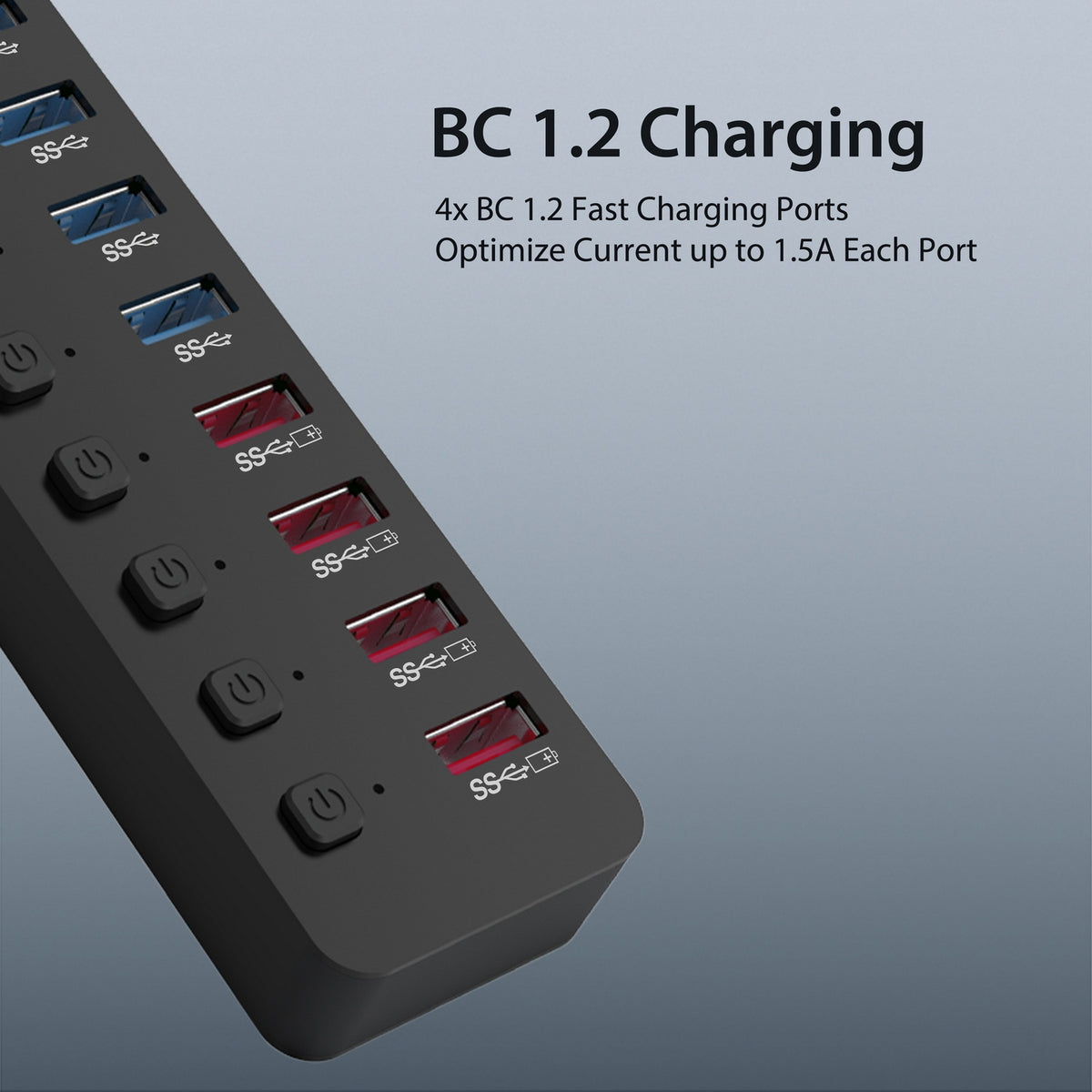 Simplecom CHU810 48W 10-Port USB 3.0 Hub and Charger with Individual Switches 12V/4A Power Adapter BC1.2 Fast V28-CHU810