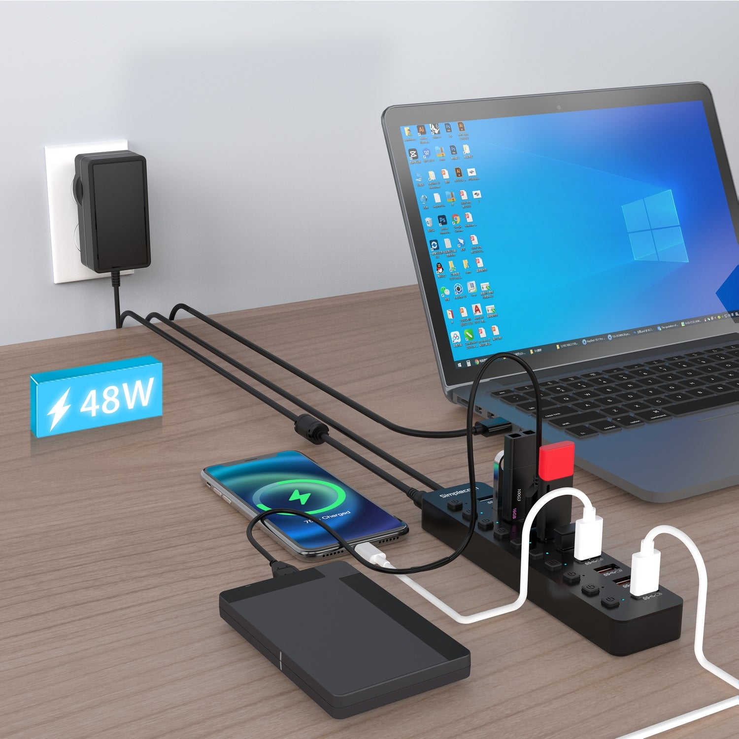 Simplecom CHU810 48W 10-Port USB 3.0 Hub and Charger with Individual Switches 12V/4A Power Adapter BC1.2 Fast V28-CHU810