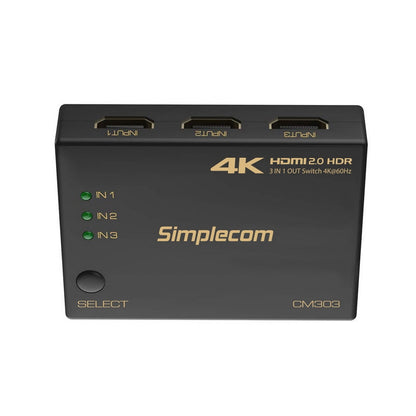 Simplecom CM303 Ultra HD 3 Way HDMI Switch 3 IN 1 OUT Splitter 4K@60Hz V28-CM303
