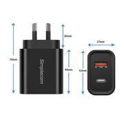Simplecom CU220 Dual Port PD 20W Fast Wall Charger USB-C + USB-A for Phone Tablet V28-CU220