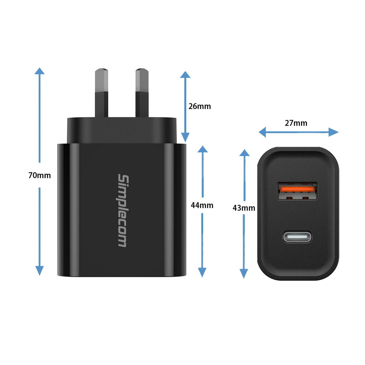 Simplecom CU220 Dual Port PD 20W Fast Wall Charger USB-C + USB-A for Phone Tablet V28-CU220