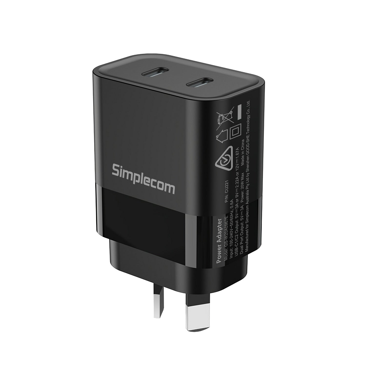 Simplecom CU221 Dual USB-C Fast Wall Charger PD 20W for Phone Tablet V28-CU221