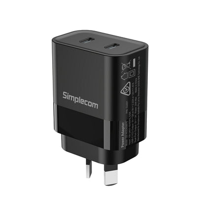 Simplecom CU221 Dual USB-C Fast Wall Charger PD 20W for Phone Tablet V28-CU221